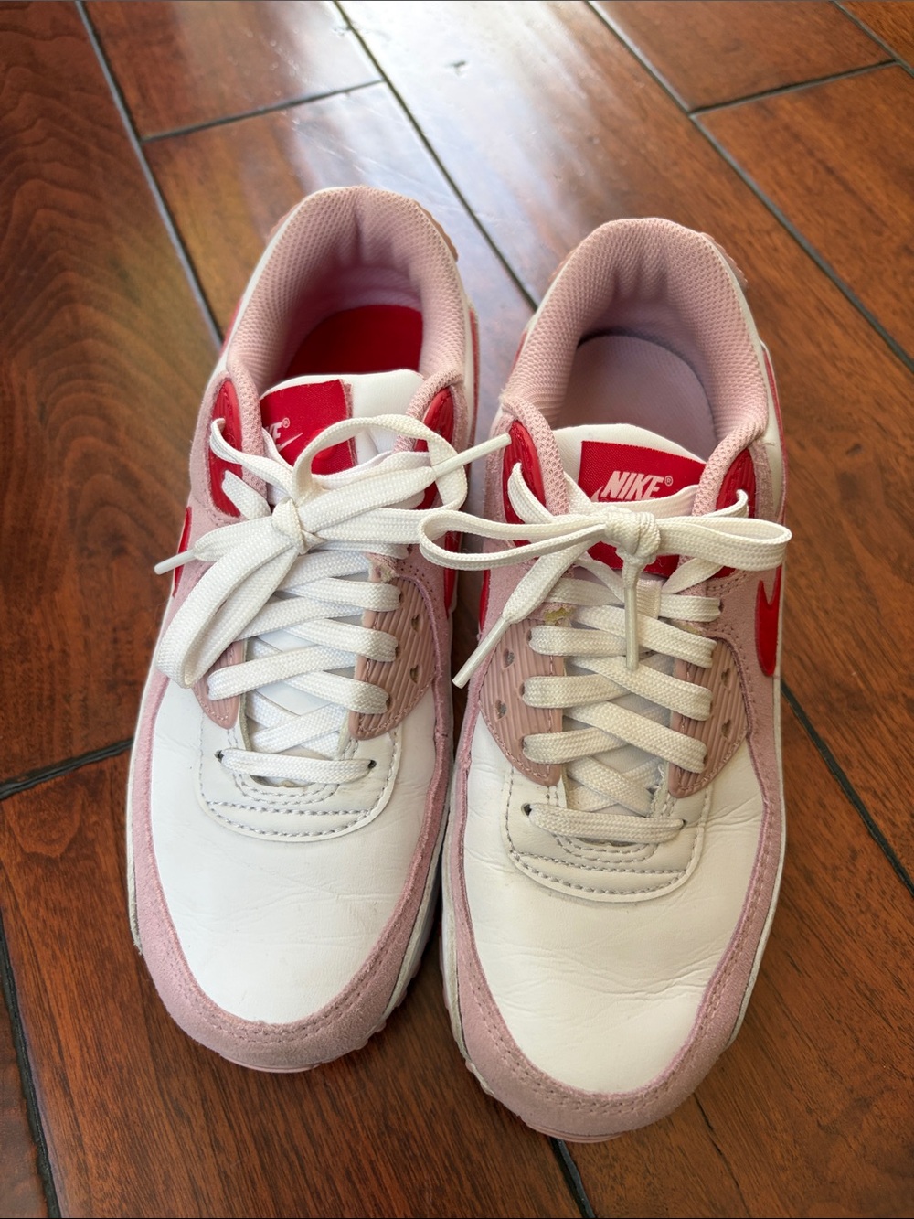 Nike Women's AirMax White and Light Pink Low-Top Sneakers with Red Swoosh